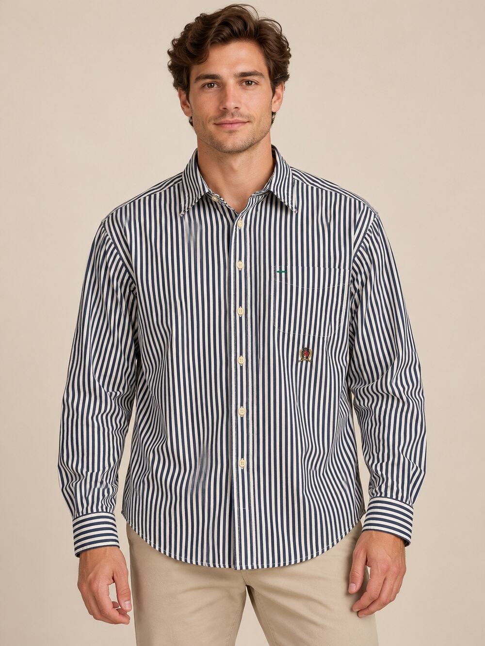 Vintage Tommy Hilfiger Navy White Striped Crest Cotton Button Up Shirt L